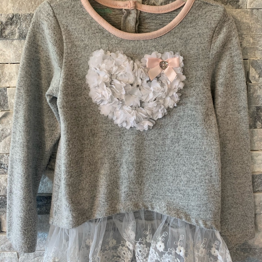 Girls Heart Embellished Tunic with Lace Trim